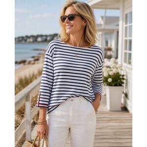 Talbots Navy White Striped Top Medium Nautical Coastal Preppy 3/4 Sleeve Tee
